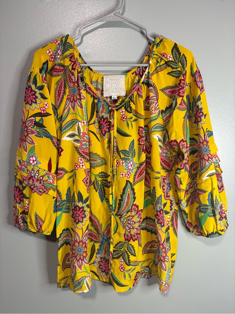 Johnny Was Jade Yellow Floral Boho Peasant Blouse Size Small